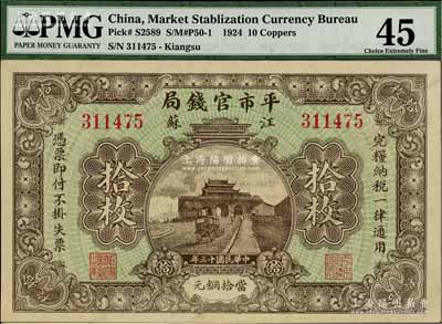 民國十三年（1924年）江蘇平市官錢局當拾銅元拾枚，上佳品相，九五成新