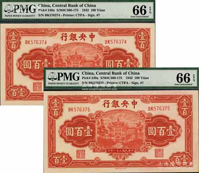 民國三十一年（1942年）中央銀行信托版壹百圓共2枚連號，李駿耀·田亦民簽名，此種簽名略少見，全新