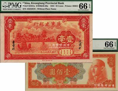 民國紙幣2種，詳分：中央銀行1949年金圓券中央廠桔色壹佰圓；廣東省銀行1934年新華版壹毫；全新