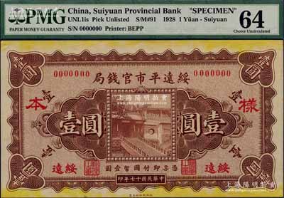 民國十七年（1928年）綏遠(yuǎn)平市官錢局壹圓樣本券，正背共2枚，綏遠(yuǎn)地名，少見，九五至九八成新