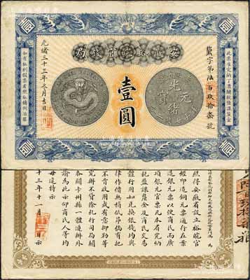 光緒三十三年（1907年）安徽裕皖官錢局壹圓，柏文先生藏品，其紙張硬挺，正背圖文清晰，已堪稱難得佳品，八五成新