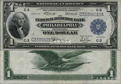 1914年美國（National Currency）國家銀行券大型1美元，上印Philadelphia（費城）地名，八五成新