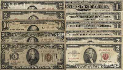 1923至1963年老美金一組共11枚，詳分：銀幣券大型1923年1美元、小型1935年1美元2枚、1957年1美元；國家銀行券1929年舊金山地名10美元；紅印券1928年2美元2枚、1963年2美元2枚；“Hawaii”夏威夷地名券1934年20美元2枚；六至八成新，敬請預覽