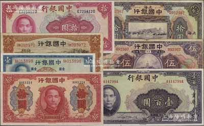 中國(guó)銀行紙幣7種，詳分：1924年上海拾圓，1930年廈門伍圓，1935年天津馬耕地壹圓，1937年壹圓，1940年拾圓、重慶壹百圓，1941年大東版紅天壇拾圓；七至九五成新，敬請(qǐng)預(yù)覽