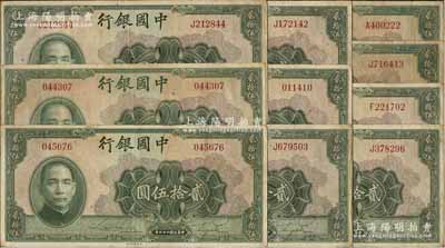 民國(guó)二十九年（1940年）中國(guó)銀行美鈔版貳拾伍圓共10枚，內(nèi)含無(wú)字軌和單字軌，七五至八成新