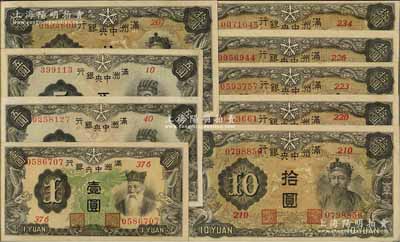 滿洲中央銀行（1937年）乙號券共9枚不同，詳分：壹圓第376號券，五圓第10和40號券共2枚、拾圓第207、210、220、223、226和234號券共6枚；資深藏家出品，除1枚八成外，其余約九五至全新，敬請預(yù)覽