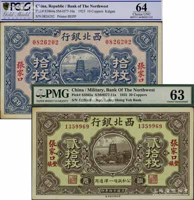 民國十四年（1925年）西北銀行銅元拾枚張家口地名、貳拾枚張家口豐鎮地名共2種不同，上佳品相，未折九五成新