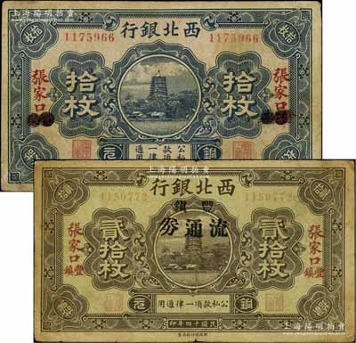 民國十四年（1925年）西北銀行銅元票2種，詳分：拾枚張家口地名，抹消“豐鎮”版；貳拾枚張家口豐鎮地名，且加蓋“豐鎮流通券”字樣；此二種版式存世少見，七至八成新