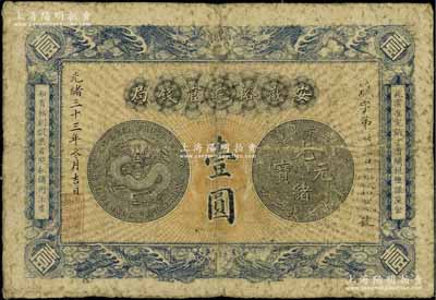 光緒三十三年（1907年）安徽裕皖官錢局壹圓，背面告示文字清晰，原票七成新