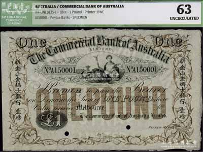 18xx年（澳大利亞）新金山金媽士銀行壹磅樣本券，Melbourne（墨爾本）地名，其正面兩邊均印有中文，羊皮紙印制，且內有水印；該行又名“澳大利亞商業銀行”，成立于1866年，由廣東臺山籍華僑雷亞妹、劉光明等所發起創辦（乃該行最大股東，均曾任董事長），故鈔上印有中文，以方便華僑同胞流通使用；在經歷百年之久后，至1982年該行與新南威爾士州銀行合并，并更名為澳大利亞西太平洋銀行
