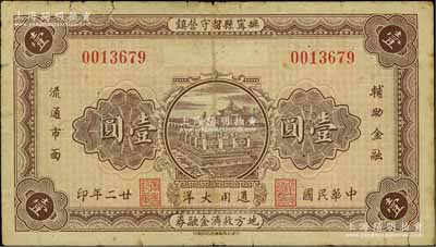 民國廿二年（1933年）撫甯縣留守營鎮(zhèn)地方救濟(jì)金融券壹圓，上印頤和園銅牛圖，背印濟(jì)南大明湖北極廟，形制頗為美觀；海外回流品，原票七成新