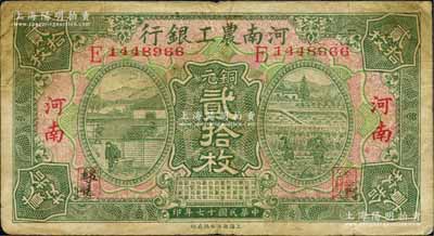 民國十七年（1928年）河南農工銀行銅元貳拾枚，河南地名；白爾文先生藏品，罕見，七五成新