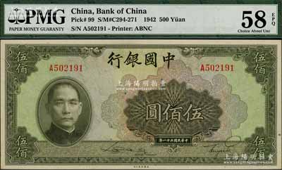 民國三十一年（1942年）中國銀行美鈔版伍佰圓，單字軌，資深藏家出品，九八成新