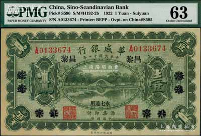 民國十一年（1922年）華威銀行單色版壹圓，北京改綏遠再改昌黎地名，永七通用，九八成新