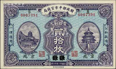 民國十一年（1922年）財政部平市官錢局當拾銅元貳拾枚，江蘇改京兆地名；資深藏家出品，全新