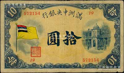 滿洲中央銀行（1932年）甲號券五色旗版拾圓，第19號券，資深藏家出品，七成新