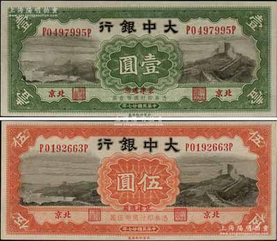 民國廿七年（1938年）大中銀行長城圖壹圓、伍圓共2枚全套，北京·京津通用地名；白爾文先生藏品，九八成新