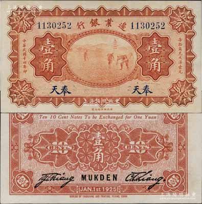 民國十四年（1925年）邊業銀行桔色寶塔鋤地圖壹角，奉天地名；白爾文先生藏品，九八成新