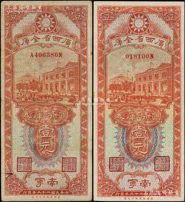 民國二十三年（1934年）廣西省金庫國幣庫券壹元共2枚不同，南寧地名，分別為后單字軌和前后字軌；澳門陳耀光先生藏品，八至八五成新