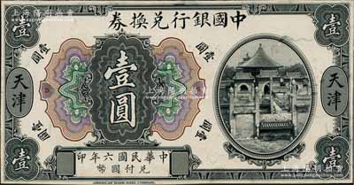 民國六年（1917年）中國銀行兌換券美鈔版黑色壹圓試印樣本券，正背共2枚，天津地名，均張貼于美國鈔票公司檔案卡紙之上，雕刻版手感強烈；白爾文先生藏品，九五成新