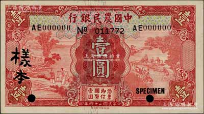民國二十四年（1935年）中國農民銀行德納羅版壹圓樣本券，正背共2枚，AE字軌，徐繼莊·陳淮鐘簽名；柏文先生藏品，九八成新