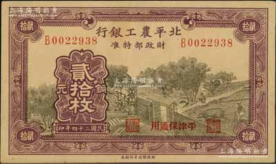 民國二十四年（1935年）北平農工銀行銅元貳拾枚，平津保通用；資深藏家出品，九成新