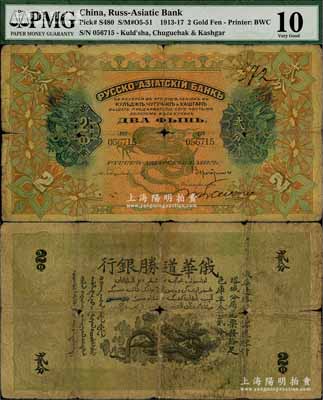 俄華道勝銀行（1913年）足色庫平金貳分，新疆甯遠、喀什、塔城分局通用；海外藏家出品，罕見，原票六成新