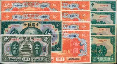 中國銀行紙幣12枚，詳分：1918年上海壹圓、1926年上海伍圓（金還簽名，加印領券“10·同”）、1930年廈門拾圓6枚、1940年貳拾伍圓4枚，七五至九五成新，敬請預覽