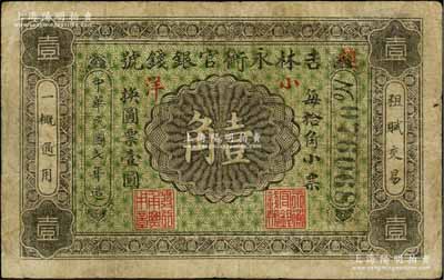民國七年（1918年）吉林永衡官銀錢號小洋壹角，無印刷廠名版，七成新