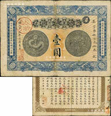 光緒三十三年（1907年）安徽裕皖官錢局壹圓，加蓋“大通分銷處”（即銅陵大通鎮(zhèn)，時乃安徽四大商埠之一）地名圓戳，背面告示文字清晰；劉文和先生藏品，自然八成新