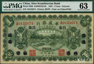 民國十一年（1922年）華威銀行單色版壹圓，北京改綏遠再改昌黎地名，永七通用；劉文和先生藏品，九八成新