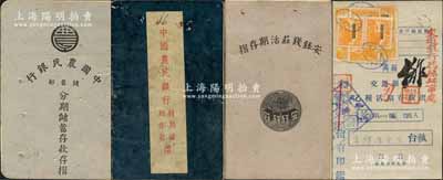 民國時期四川各銀行錢莊存摺共4本不同，詳分：①1938年“萬縣交通銀行”乙種活期存款摺、②1941年“中國農民銀行（合川辦事處）”特別活期存款摺（此存摺為“第1號國幣戶”）、③1943年“中國農民銀行（合川辦事處）儲蓄部”分期成新存款存摺、④成都“安鈺錢莊活期存摺”（內中書有合資合股過程等文字）各1冊；劉文和先生藏品，保存尚佳，敬請預覽