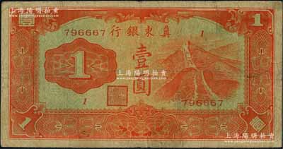 冀東銀行（1937年）長城圖壹圓，劉文和先生藏品，少見，原票七五成新