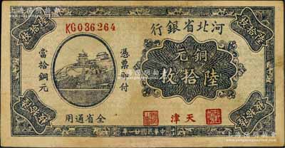 民國廿一年（1932年）河北省銀行銅元陸拾枚，天津地名，乃屬歷史同時期之老假票；劉文和先生藏品，少見，近八成新