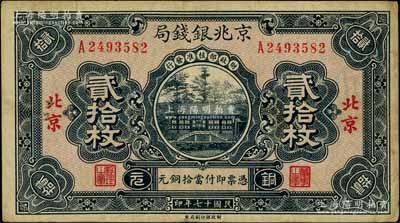 民國十七年（1928年）京兆銀錢局銅元貳拾枚，北京地名，該局為河北銀錢局之前身；劉文和先生藏品，且屬《中國歷代貨幣大系·民國時(shí)期商業(yè)銀行紙幣》一書第666頁之圖片原物，少見，八成新