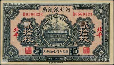 民國二十二年（1933年）河北銀錢局銅元貳拾枚，北平地名；劉文和先生藏品，少見，九五成新
