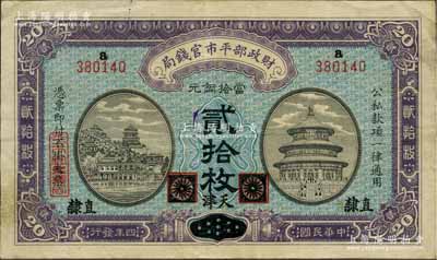 民國四年（1915年）財政部平市官錢局當拾銅元貳拾枚，黑龍江改“直隸·天津”地名，背蓋“天津平市官錢局經理章”，此種地名版式未見圖譜記載，源于海外回流，罕見，八成新