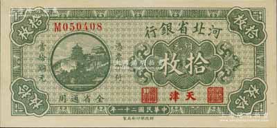 民國二十一年（1932年）河北省銀行銅元拾枚，天津地名，九五成新