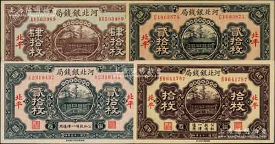 民國二十五年（1936年）河北銀錢局銅元票4種，詳分：拾枚、淺色版貳拾枚、深色版貳拾枚、肆拾枚，北平地名；資深藏家出品，除1枚為八五成新外，其余3枚均全新