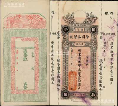 民間鈔票2種，詳分：①光緒年新疆錢莊鈔票半成品，其實物出自喀什，上印古人物及唐代《皇甫誕碑》古文頗為美觀；②（澳門）陳同昌銀號1934年雙毫銀壹拾圓；朱維成先生藏品，八至九成新