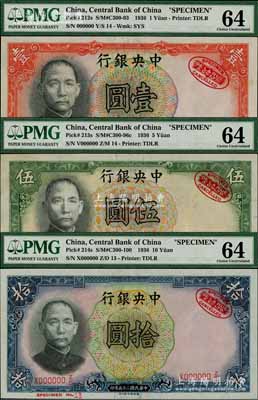 民國二十五年（1936年）中央銀行德納羅版壹圓、伍圓、拾圓樣本券共3枚全套，票上均有德納羅印鈔公司紅色標志；海外回流品，少見，九八成新