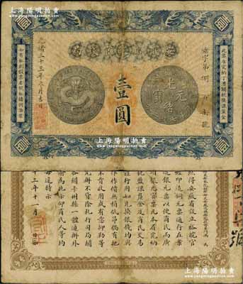 光緒三十三年（1907年）安徽裕皖官錢局壹圓，背面告示文字清晰；海外藏家出品，原票七五成新