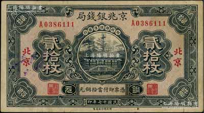 民國十七年（1928年）京兆銀錢局銅元貳拾枚，北京地名，該局為河北銀錢局之前身；資深藏家出品，少見，八成新
