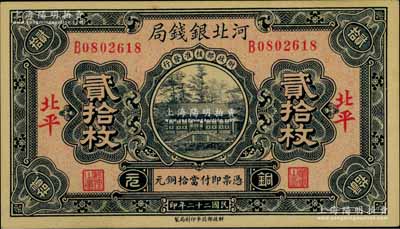 民國二十二年（1933年）河北銀錢局銅元貳拾枚，北平地名；柏文先生藏品，少見，九八成新