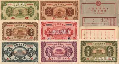 民國十七年（1928年）《中華匯業(yè)銀行兌換券樣本》1冊，其扉頁印有該行廣告和樣本目錄，內含：民國九年（1920年）財政部版壹圓、伍圓、拾圓、伍拾圓、壹百圓，民國十七年（1928年）壹角、貳角樣本券共7種大全套，正背共14枚，天津地名；柏文先生藏品，此種樣本冊存世珍罕，九八成新