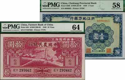 民國紙幣2種，詳分：中國農民銀行1940年大業版拾圓；浙江地方銀行1939年壹圓，無字軌，上印西湖放鶴亭圖；九五至全新