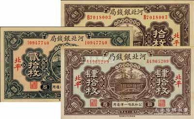 河北銀錢局銅元票3種，詳分：1935年貳拾枚，1936年拾枚、肆拾枚，北平地名；前輩藏家出品，品相甚佳，整體約九五成新，敬請預覽