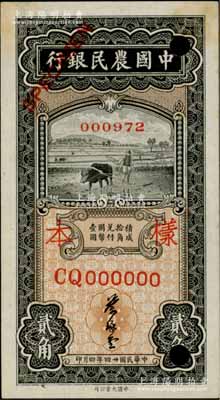 民國廿四年四月（1935年）中國農民銀行黑色牛耕地貳角樣本券，正背共2枚，葉琢堂簽名，CQ字軌；柏文先生藏品，少見，九五成新
