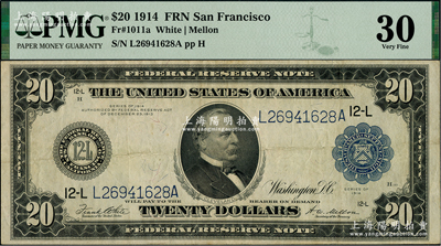 美國聯邦儲備券（Federal Reserve Notes）1914年20美元，早期版大型尺寸，庫印為舊金山發行；海外藏家出品，八成新