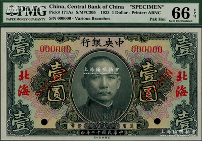 民國十二年（1923年）中央銀行黑色壹圓樣本券，北海地名，美國藏家出品，全新